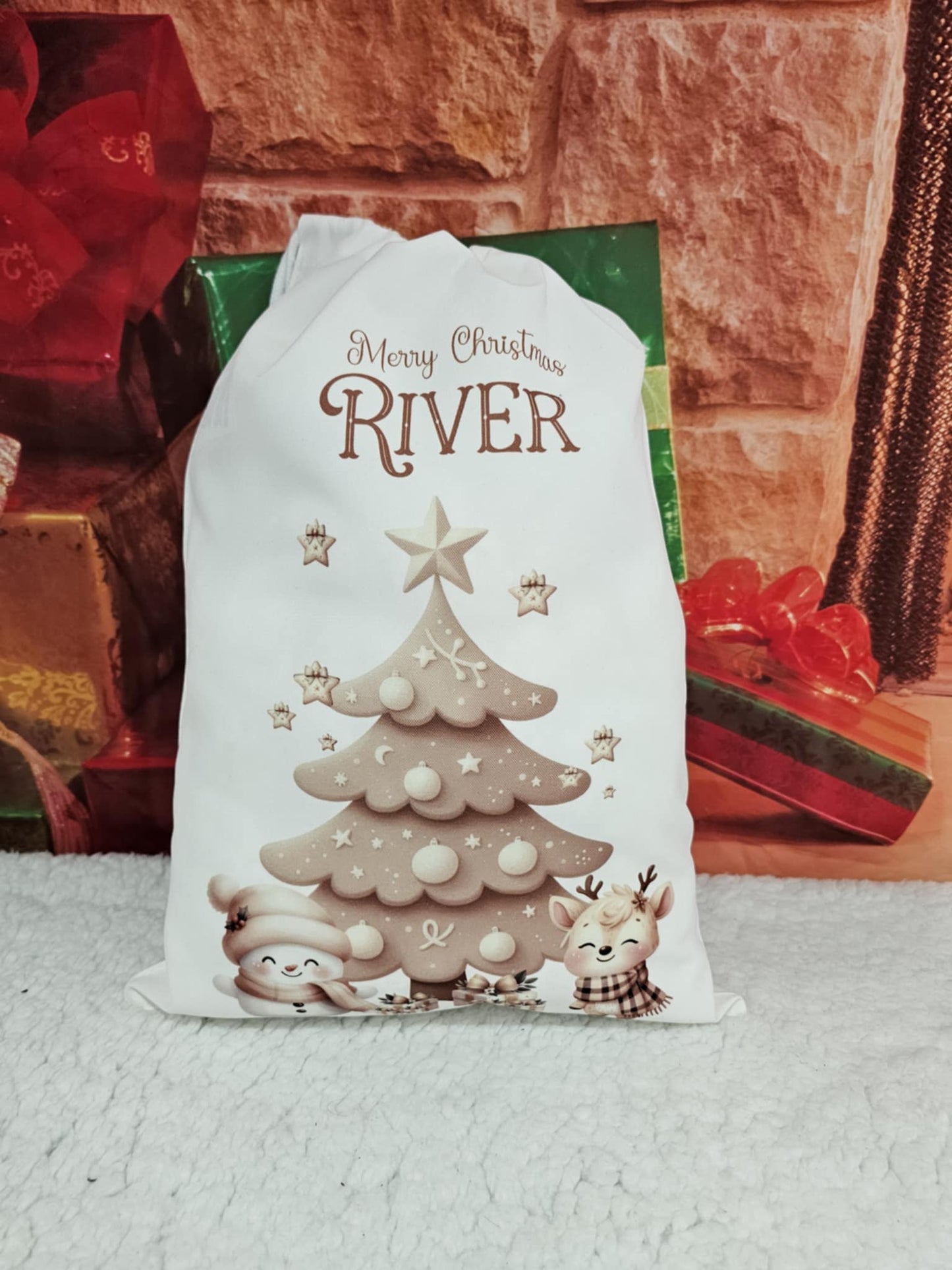 Personalised Beige Reindeer Christmas Eve Sack