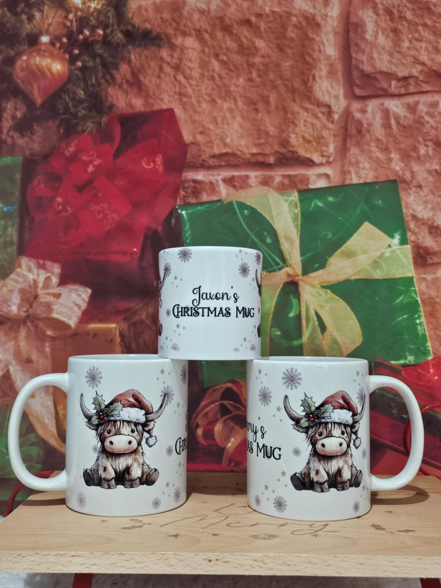 Personalised Highland Cow Family Christmas Mugs