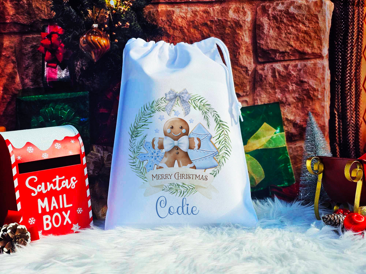 Personalised Christmas Blue Gingerbread Wreath Christmas Eve Sack