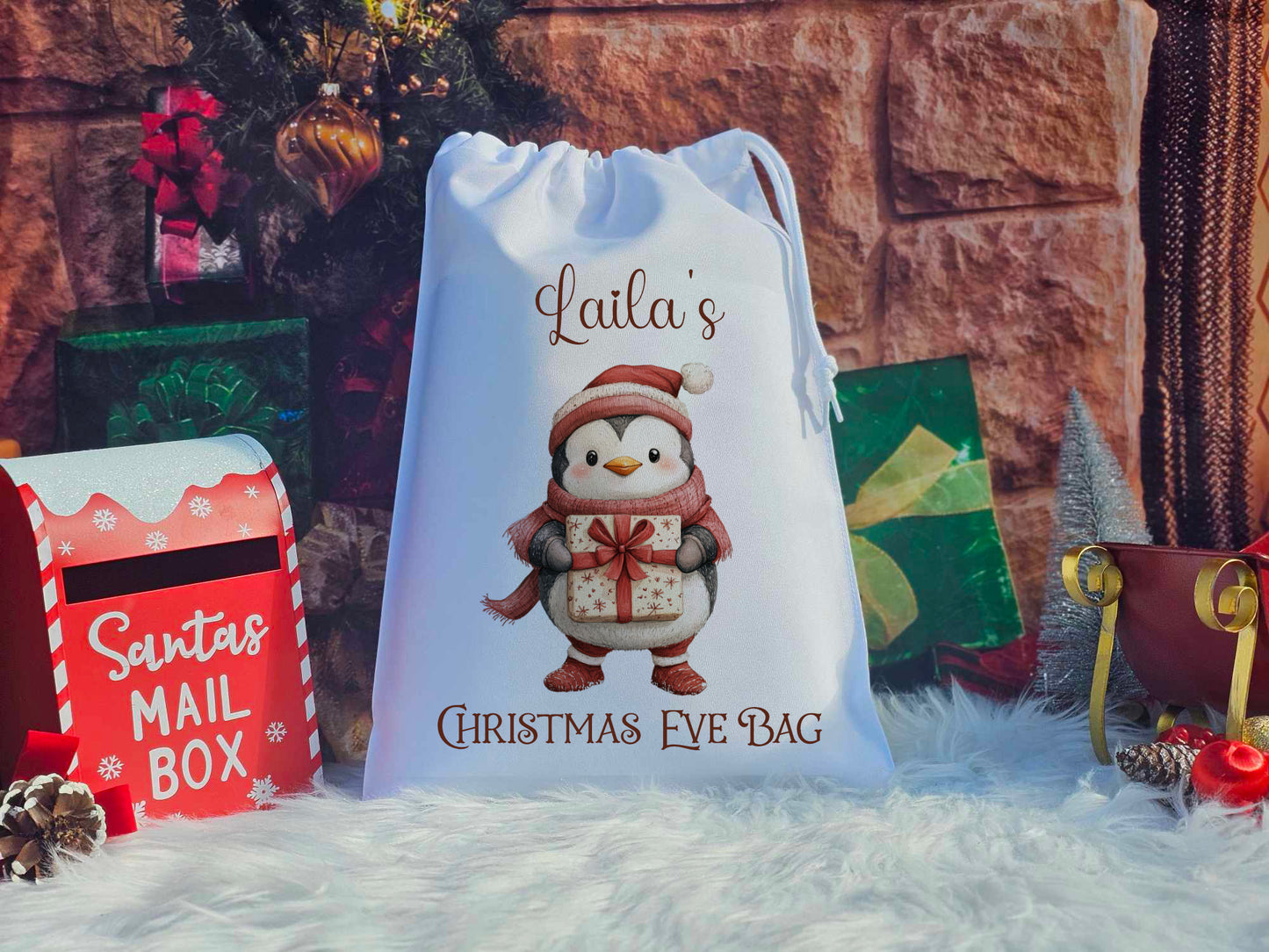 Personalised Cute Penguin Christmas Eve Sack