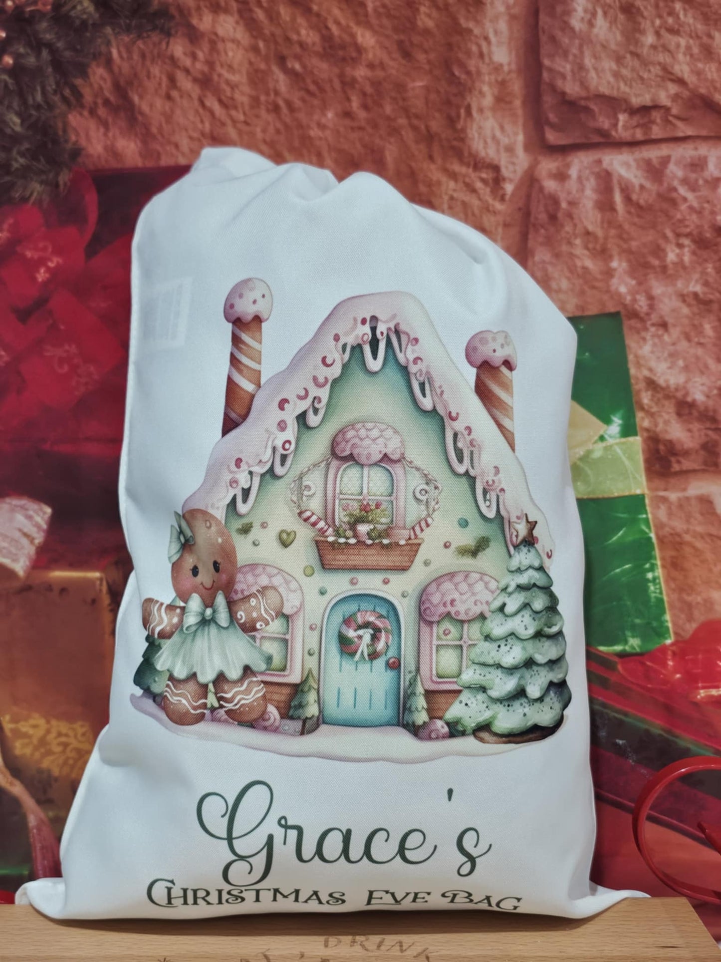Personalised Christmas Gingerbread Scene Christmas Eve Sack