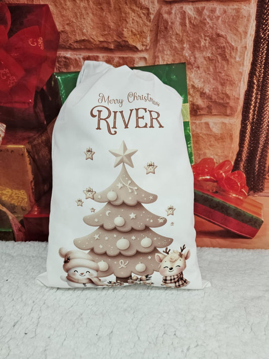 Personalised Beige Reindeer Christmas Eve Sack
