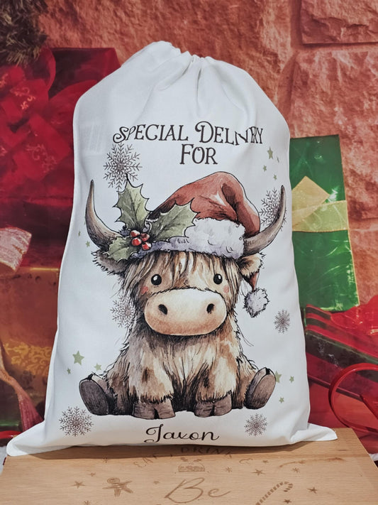Personalised Highland Cow Christmas Eve Sack