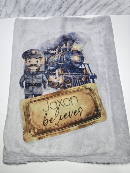 Personalised North Pole Express Believe Train Grey Blanket