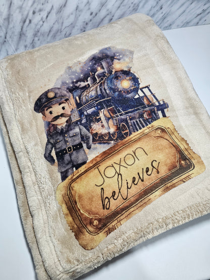 Personalised North Pole Express Believe Train Beige Blanket