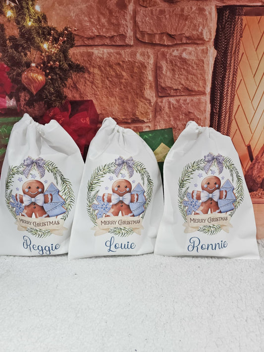 Personalised Christmas Blue Gingerbread Wreath Christmas Eve Sack