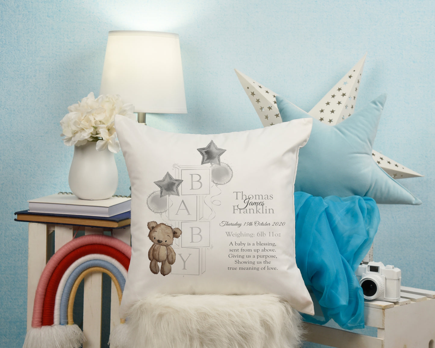 Personalised New Baby Boy Arrival Cushion