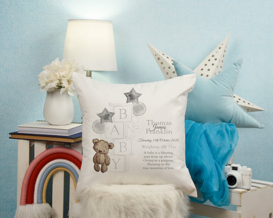 Personalised New Baby Boy Arrival Cushion