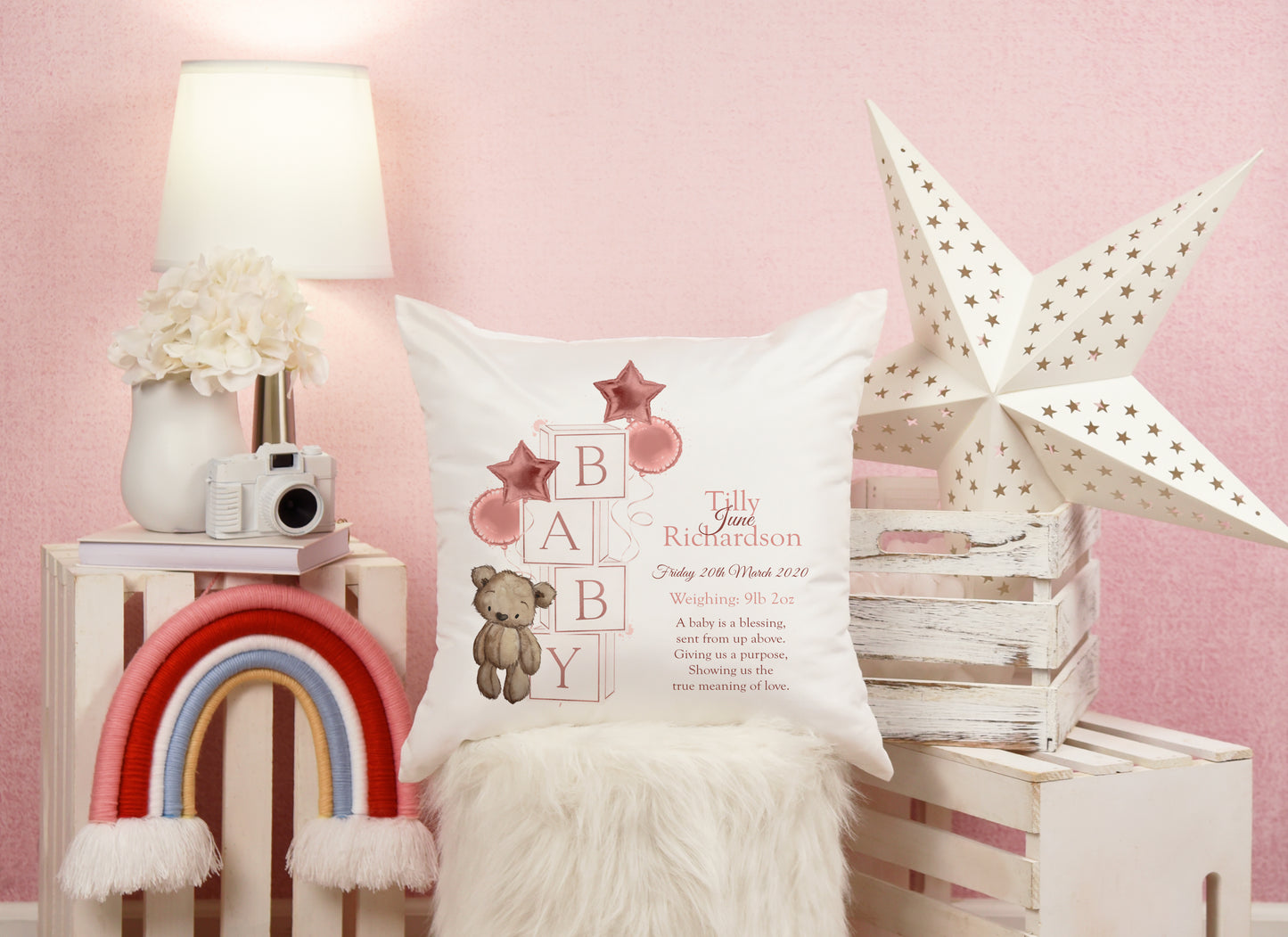 Personalised New Baby Girl Arrival Cushion