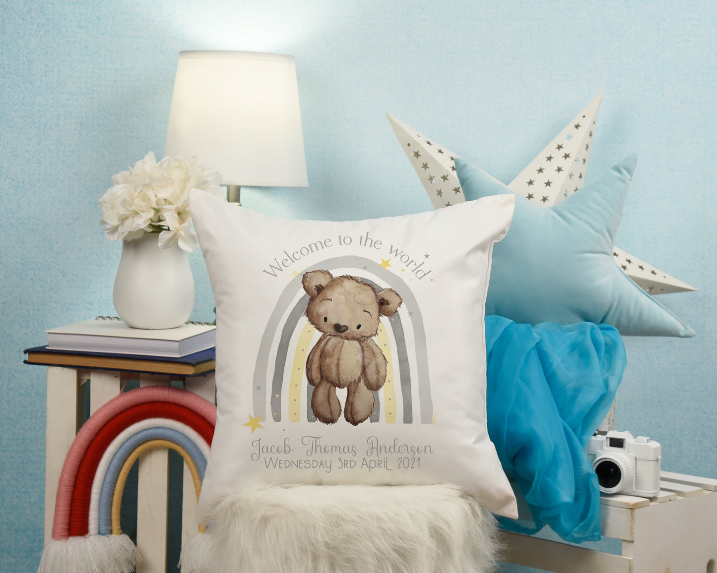 Personalised New Arrival Baby Boy Rainbow Bear Cushion