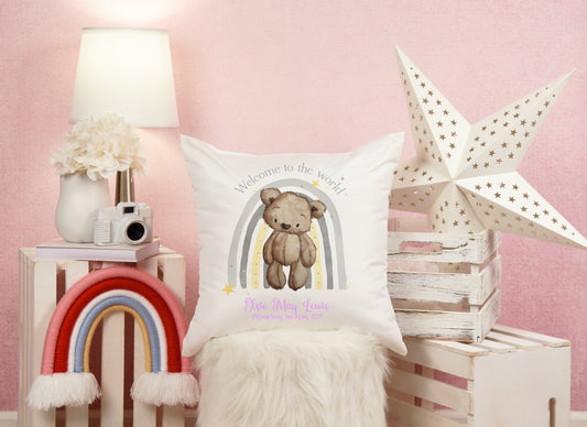 Personalised New Arrival Baby Girl Rainbow Bear Cushion