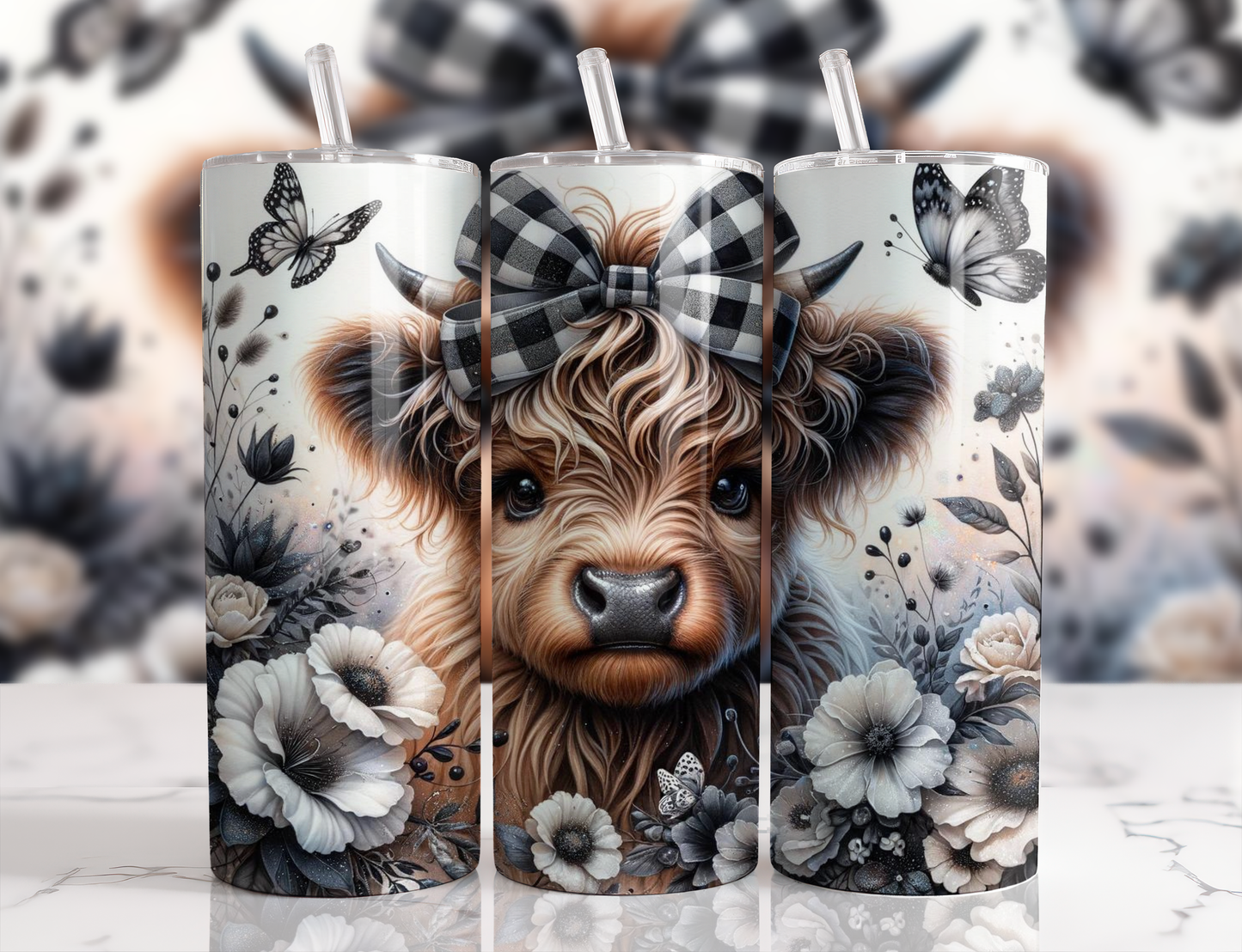 Black and White Bow Highland Cow Tumbler