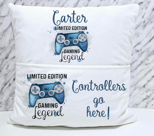 Personalised Blue Gamer Pocket Book Cushion Controller Storage