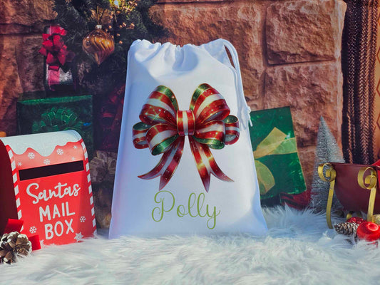 Personalised Candy Cane Bow Christmas Eve Sack