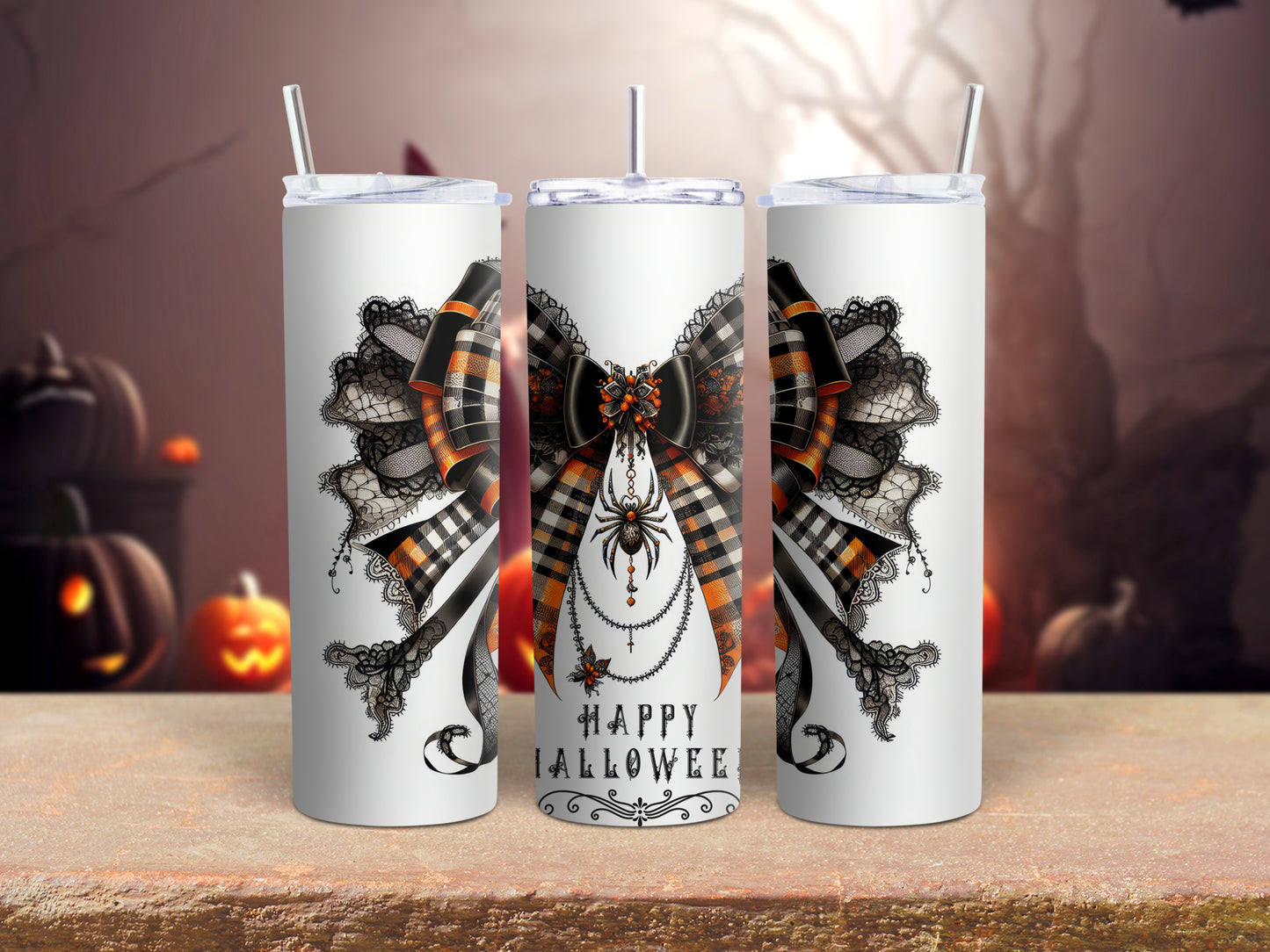 Orange Lace Halloween Bow Tumbler