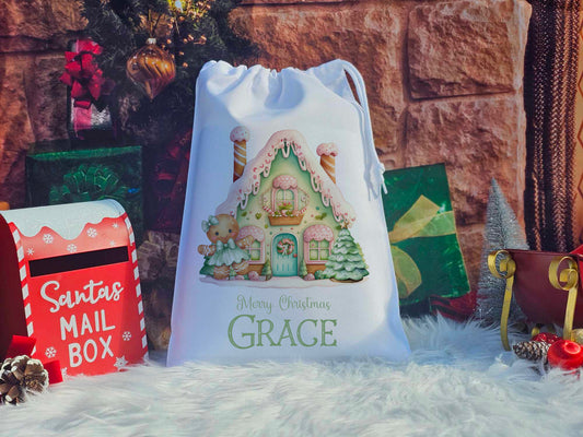 Green, Blue and Pink Christmas Gingerbread Scene Sack