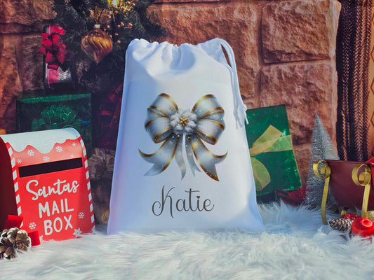 Personalised Gold and White Bow Christmas Eve Sack