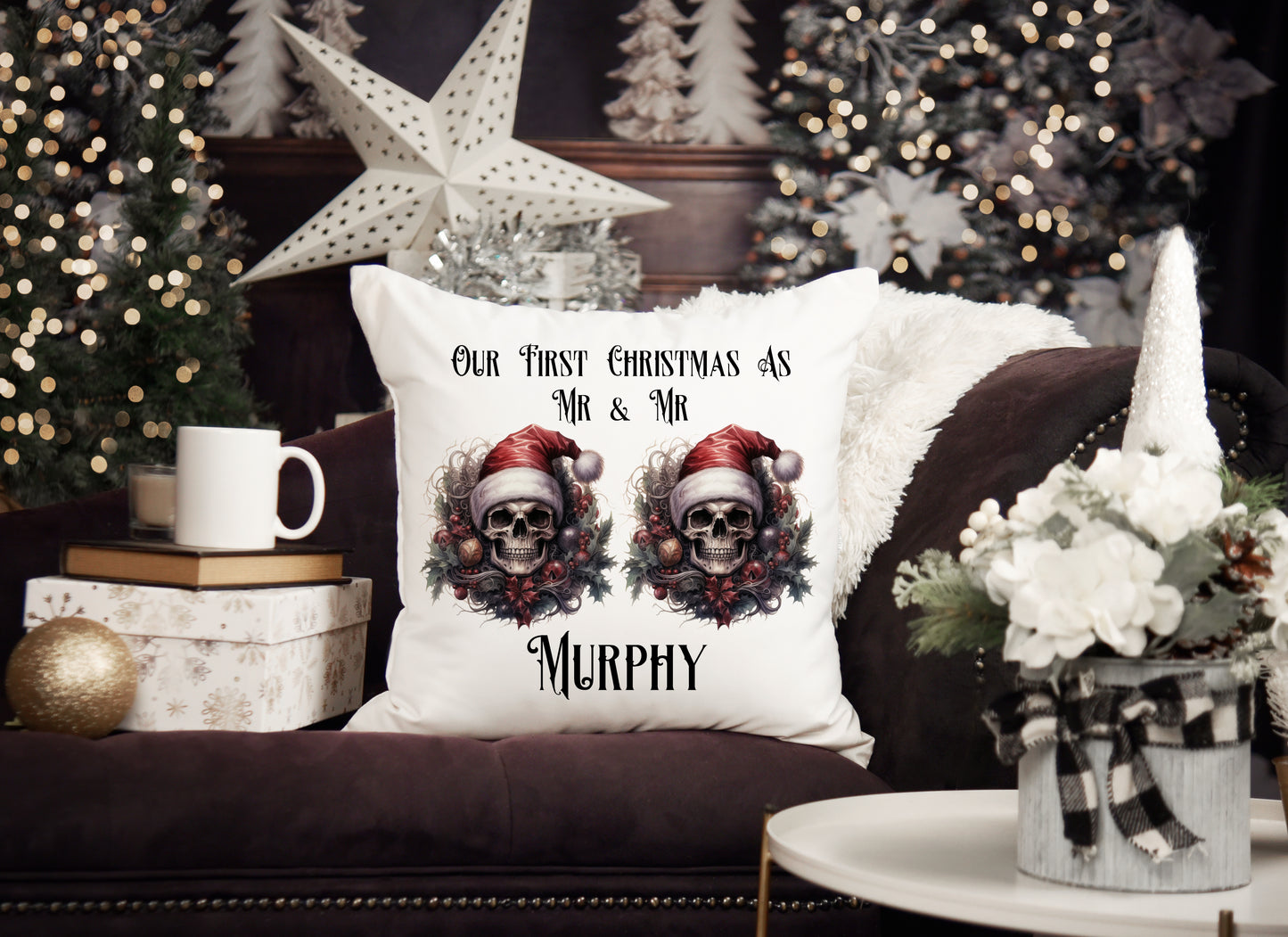 Personalised First Christmas Gothic Cushion Mr and Mr Gift