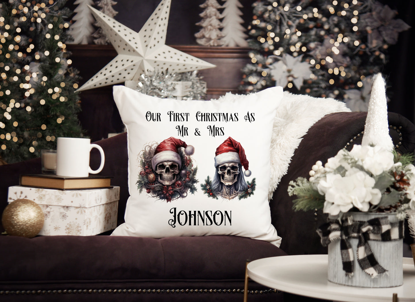 Personalised First Christmas Gothic Cushion Mr and Mrs Gift