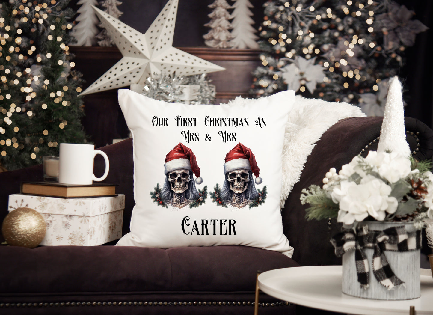 Personalised First Christmas Gothic Cushion Mrs and Mrs Gift