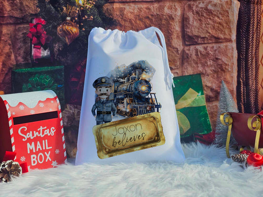 Personalised North Pole Believe Train Christmas Eve Sack