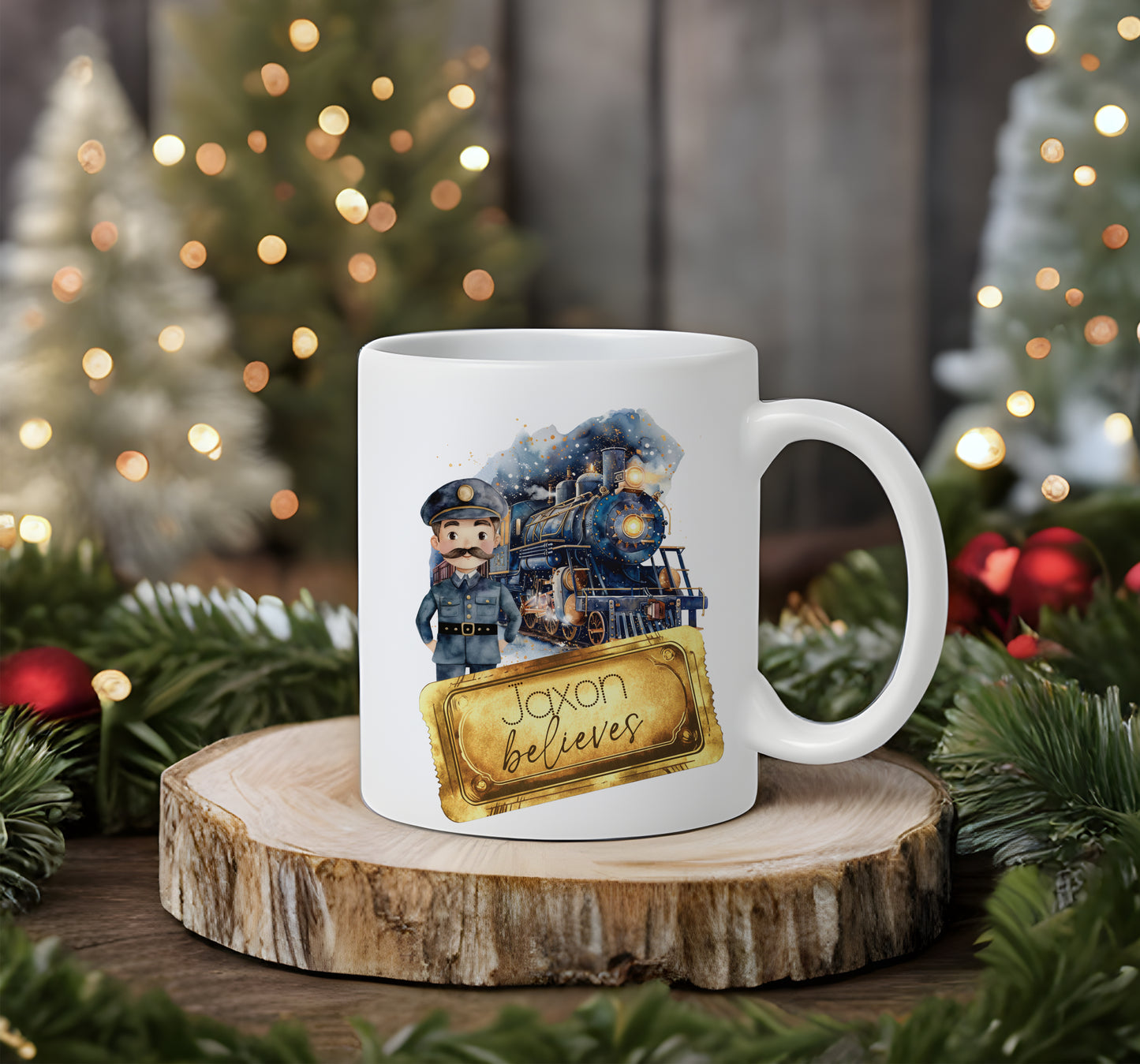 Personalised North Pole Believe Train Family Christmas Mugs