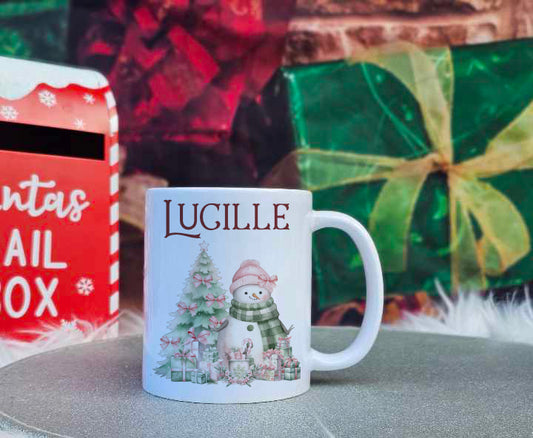 Personalised Pink/Mint Christmas Snowman Family Mugs