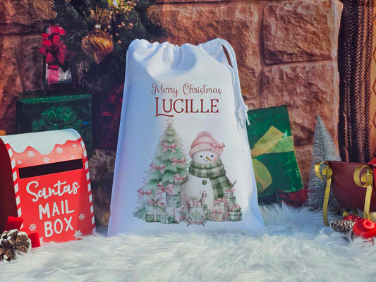 Personalised Pink/Mint Snowman Christmas Eve Bag