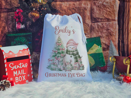 Personalised Pink/Mint Snowman Christmas Eve Bag