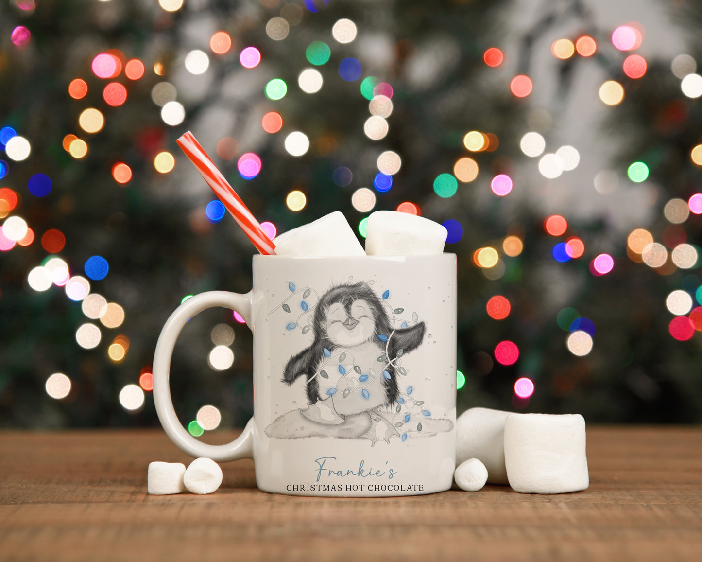 Personalised Cute Penguin With Fairy Lights Family Christmas Mugs