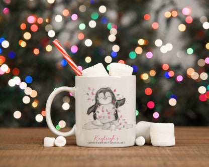 Personalised Cute Penguin With Fairy Lights Family Christmas Mugs