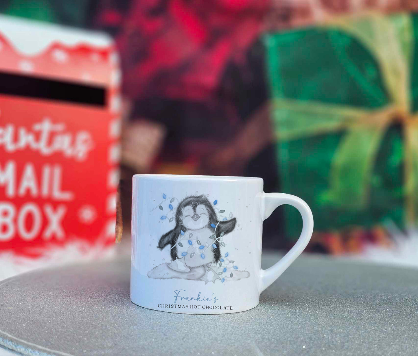 Personalised Cute Penguin With Fairy Lights Family Christmas Mugs