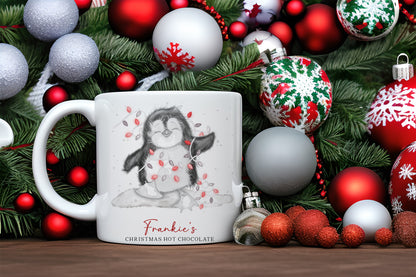 Personalised Cute Penguin With Fairy Lights Family Christmas Mugs