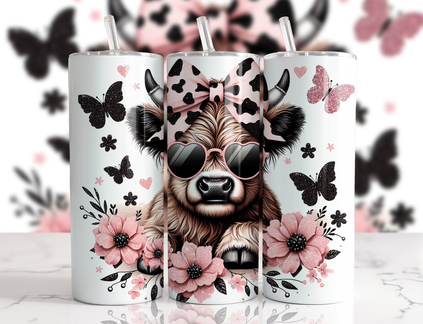 Pink And Black Bow Highland Cow Tumbler