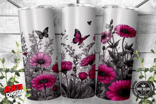 Purple Flowers And Butterfly Tumbler