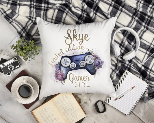 Personalised Purple Gamer Girl Controller Cushion