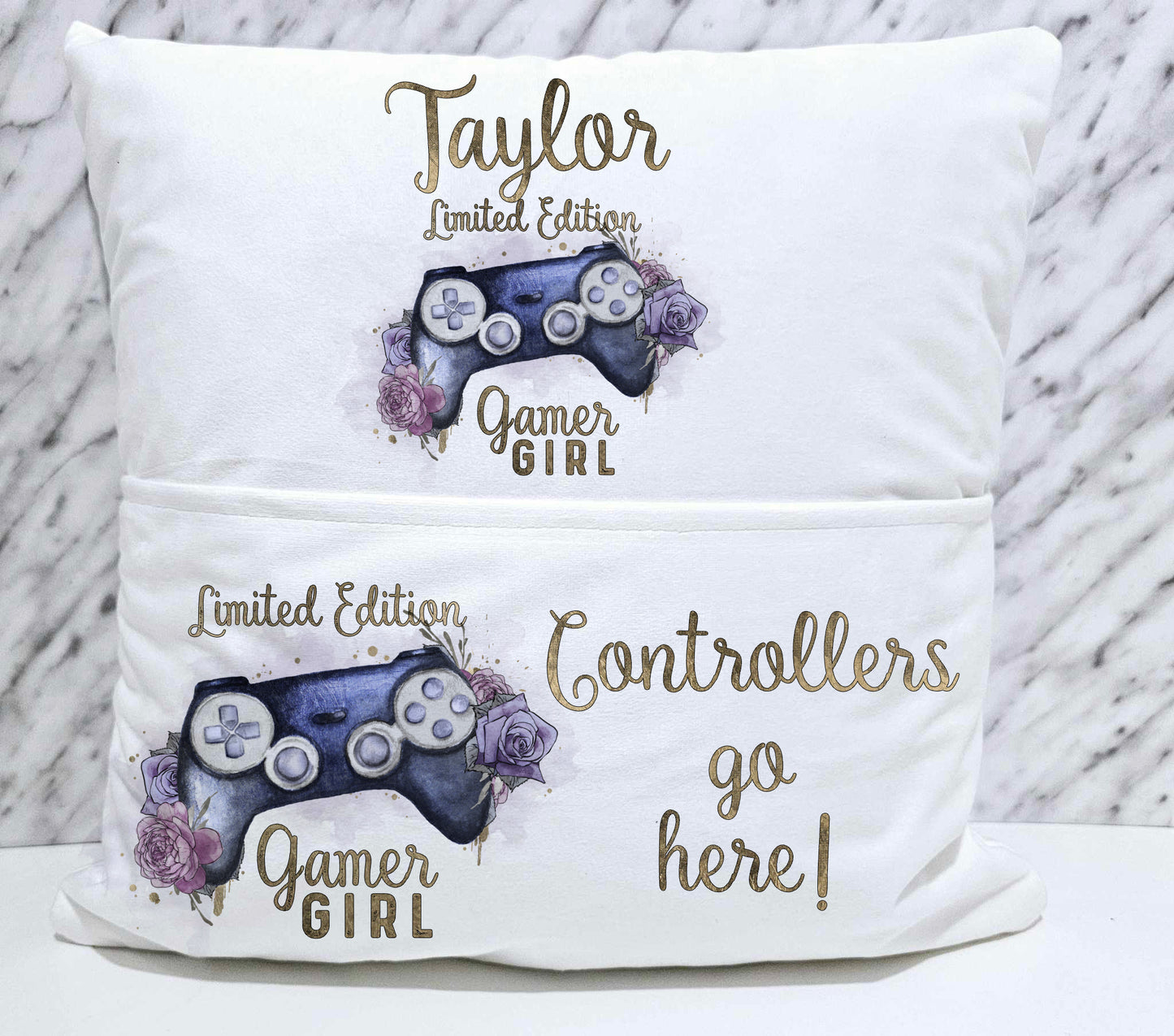 Personalised Purple Gamer Girl Pocket Book Cushion Controller Storage