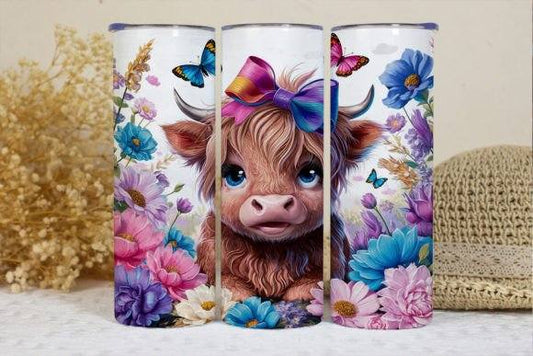 Rainbow Butterfly Highland Cow Tumbler