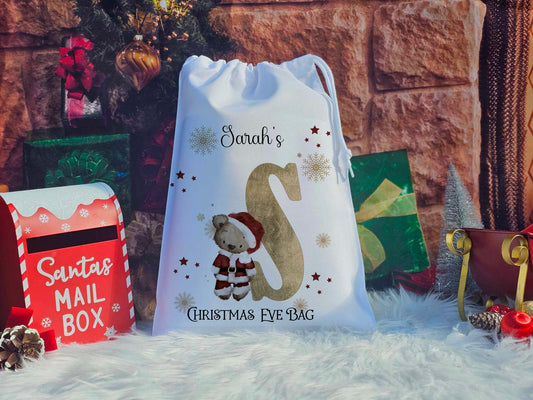 Personalised Santa Bear Alphabet Christmas Eve Sack