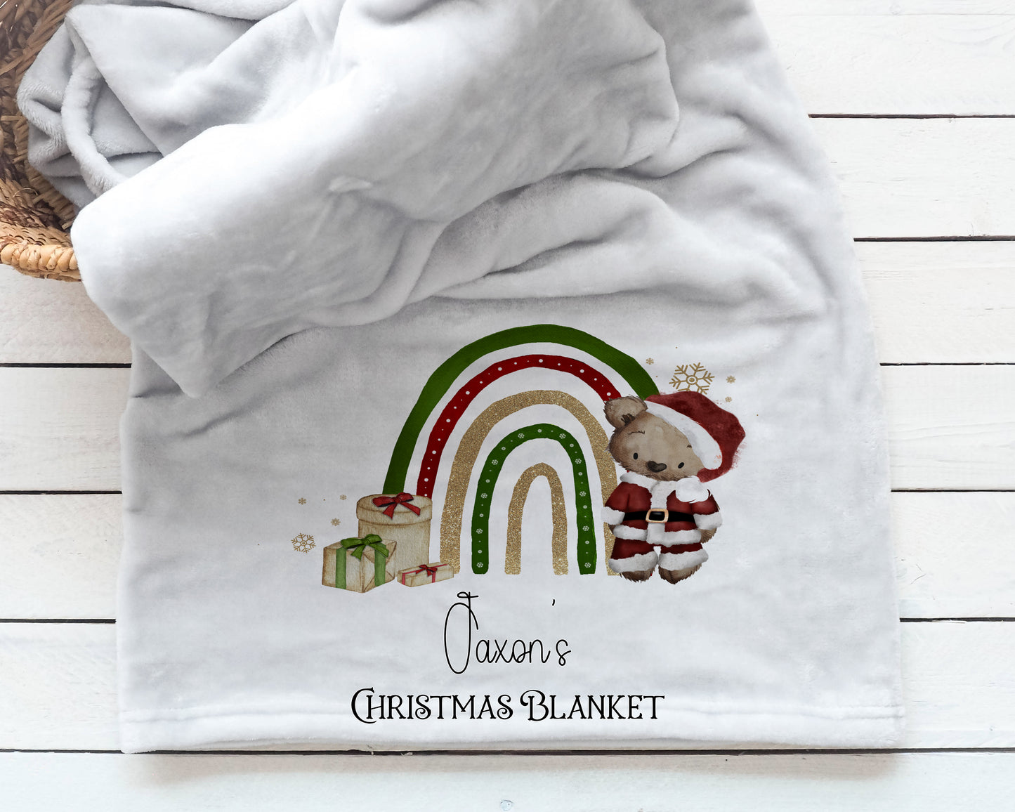 Personalised Santa Bear Rainbow Christmas Blanket