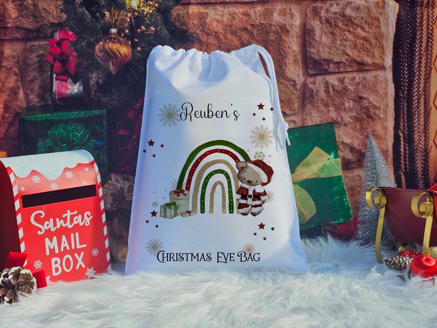 Personalised Santa Bear Rainbow Christmas Eve Sack