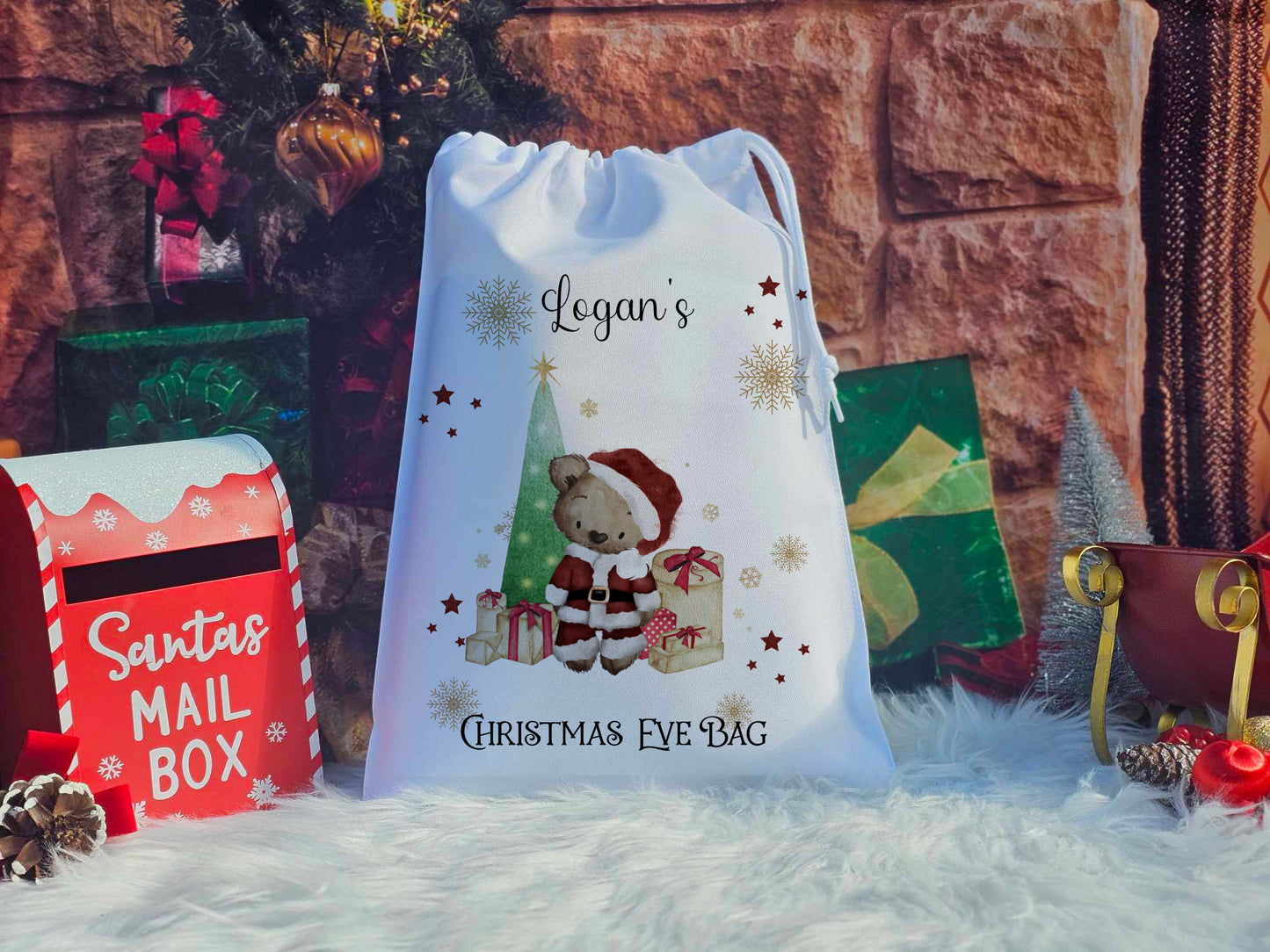 Personalised Santa Bear Tree Christmas Eve Sack