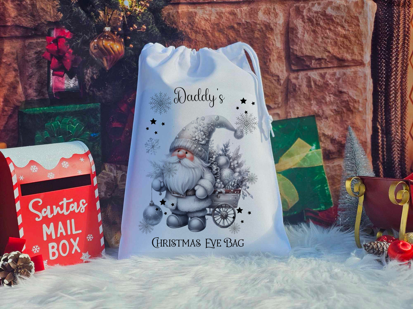 Personalised Silver Gnome Christmas Eve Sack