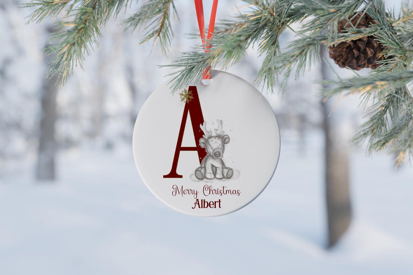 Personalised Sketchy Style Reindeer Alphabet Ceramic Bauble