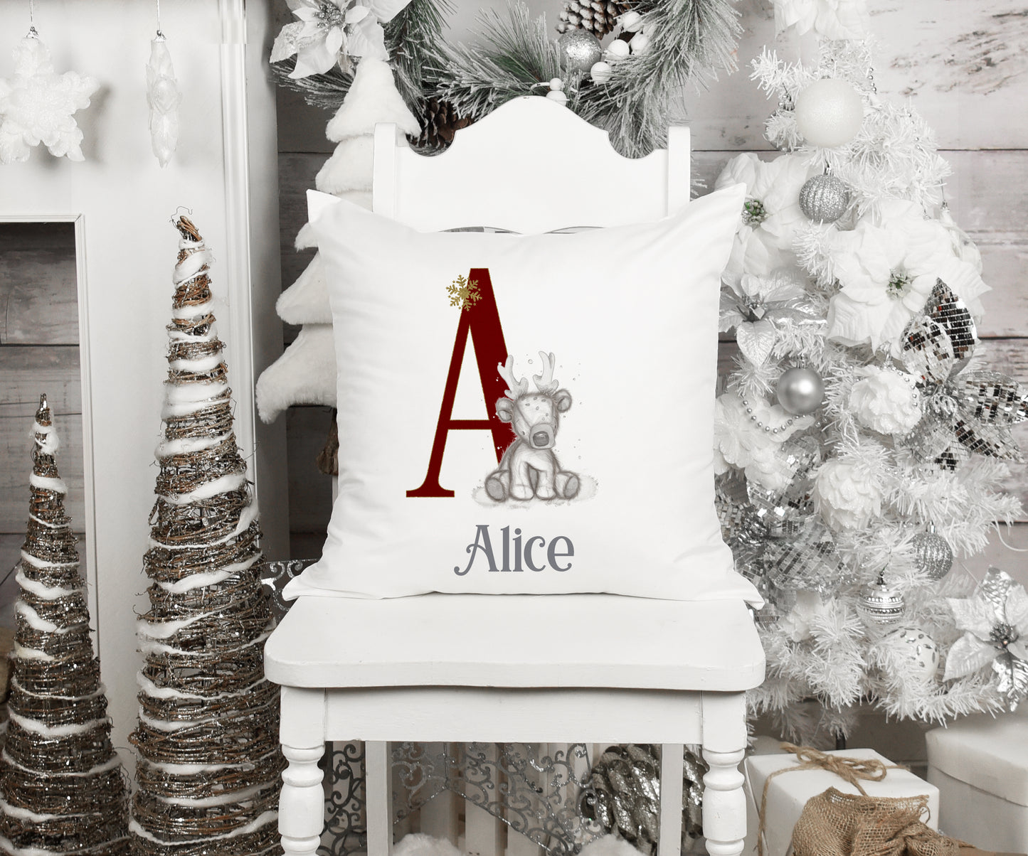 Personalised Sketchy Style Reindeer Alphabet Christmas Cushion