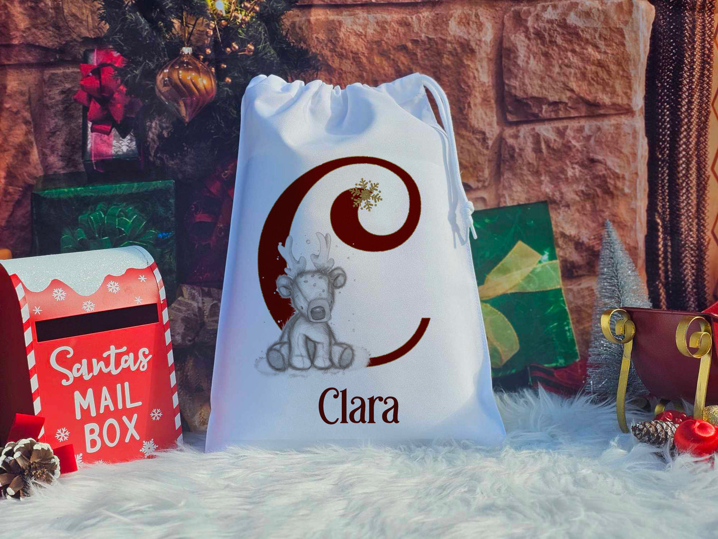 Personalised Sketchy Style Reindeer Alphabet Christmas Eve Sack