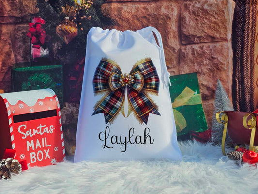 Personalised Tartan Bow Christmas Eve Sack