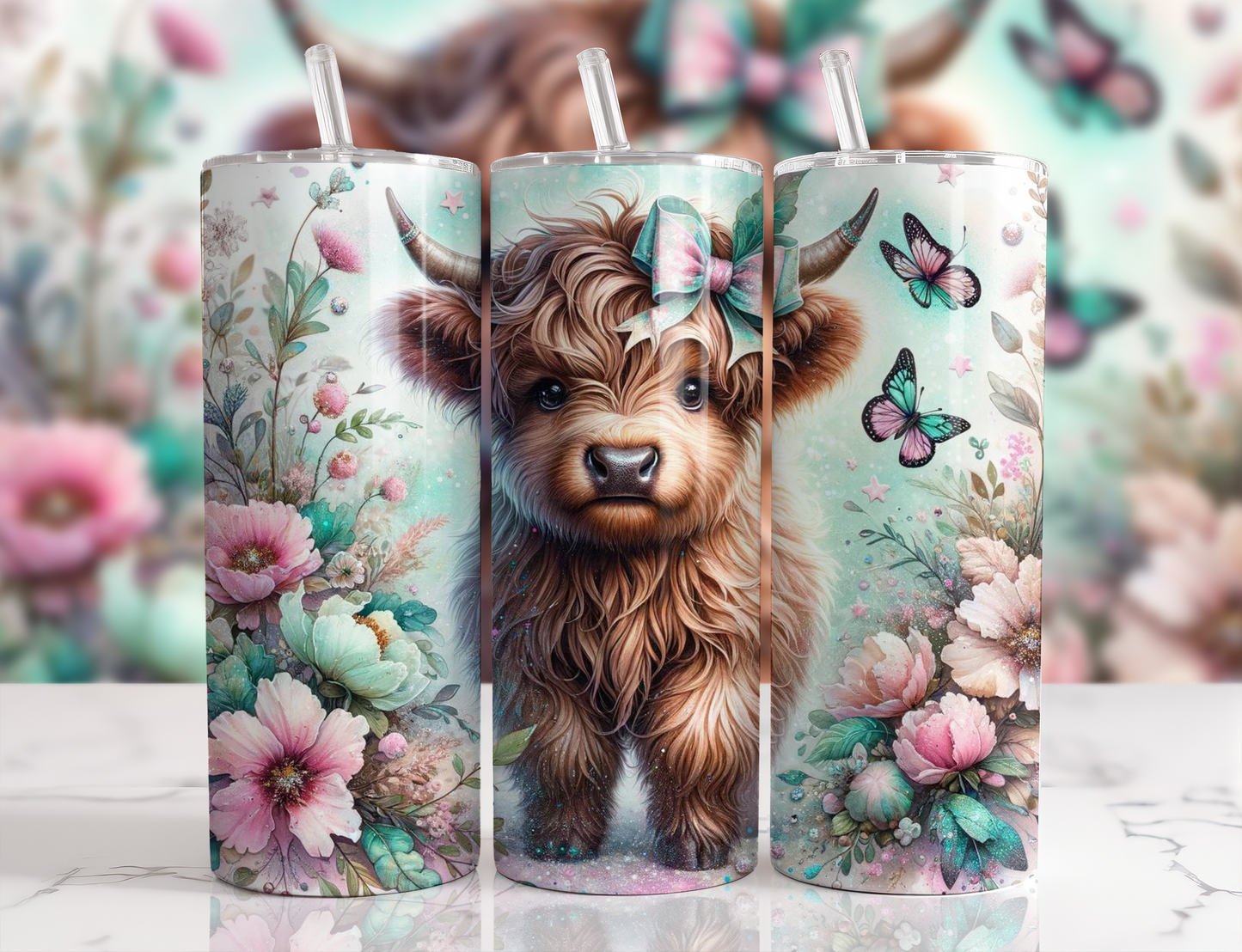 Teal And Pink Highland Cow With Butterflies Tumbler