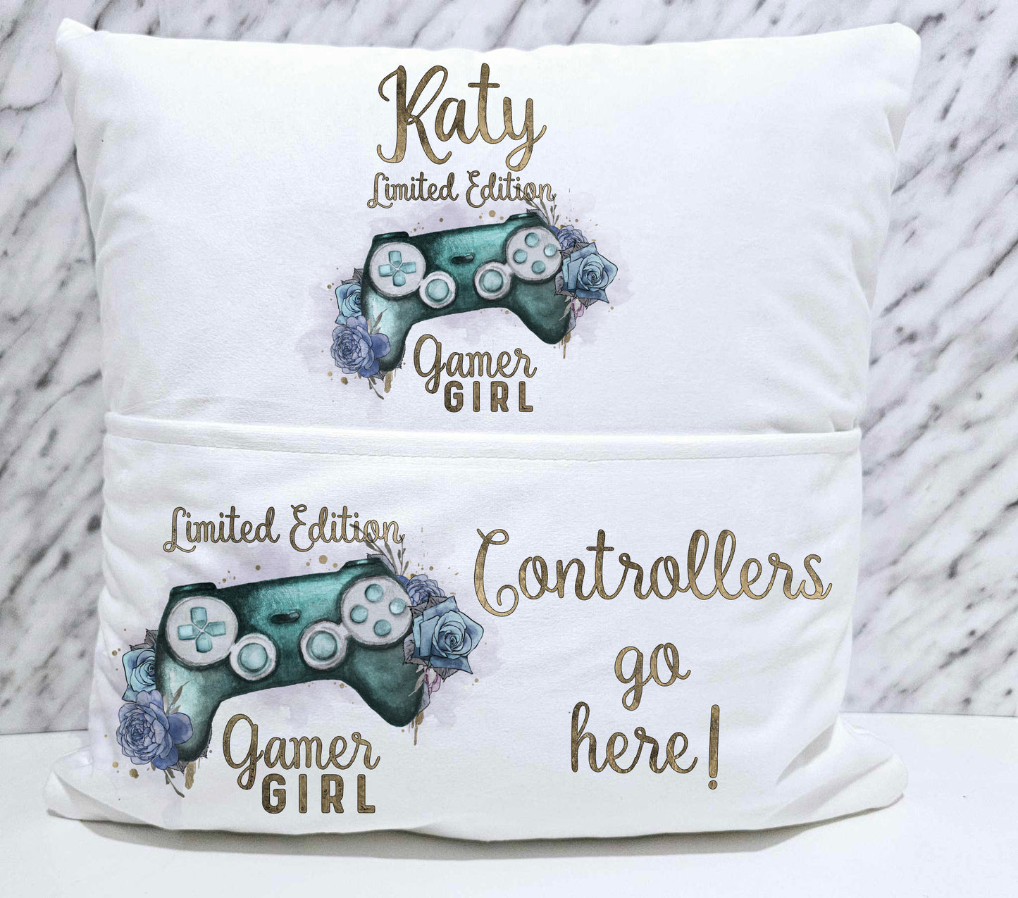 Personalised Turquoise Gamer Girl Pocket Book Cushion Controller Storage