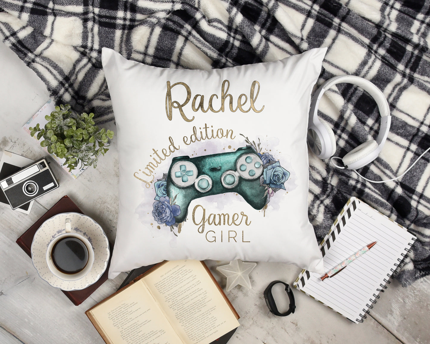 Personalised Turquoise Gamer Girl Controller Cushion